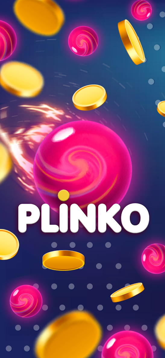 Immagine promozionale del gioco Plinko con il logo in bianco su sfondo blu scuro, decorato con monete dorate volanti e sfere rosa luminose con effetti spirale. Una grande sfera rosa con effetti di fuoco è in primo piano, creando un'atmosfera dinamica e coinvolgente.