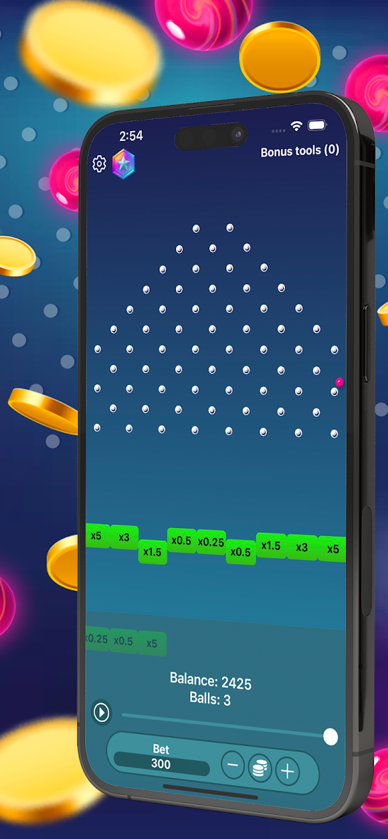 Screenshot simile del gioco Plinko che mostra un'altra fase del gioco con un saldo di 2425, 3 palline rimanenti e una puntata di 300. L'interfaccia mantiene lo stesso design con punti bianchi e moltiplicatori verdi.