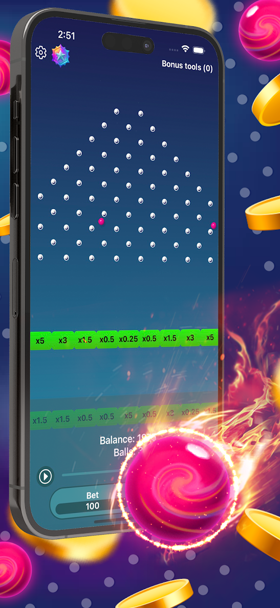 Screenshot del gioco Plinko che mostra l'interfaccia di gioco su uno smartphone. Lo schermo presenta una griglia di punti bianchi disposti a triangolo, una serie di moltiplicatori verdi (x5, x3, x1.5, x0.5, x0.25) nella parte inferiore, e informazioni sul saldo e le puntate. Lo sfondo è blu scuro con monete dorate fluttuanti e sfere rosa luminose.